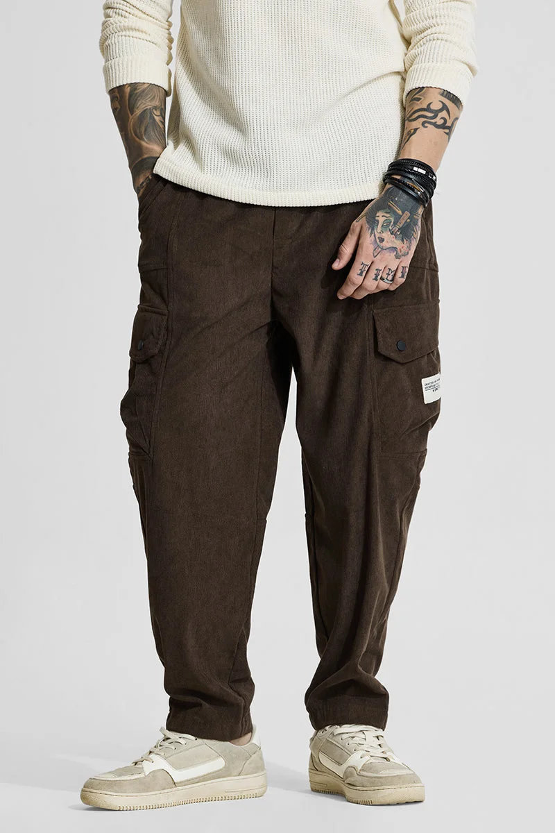 Snitch Brown Brown Relaxed Fit Corduroy Cargo Pants for Men | Best Price UAE